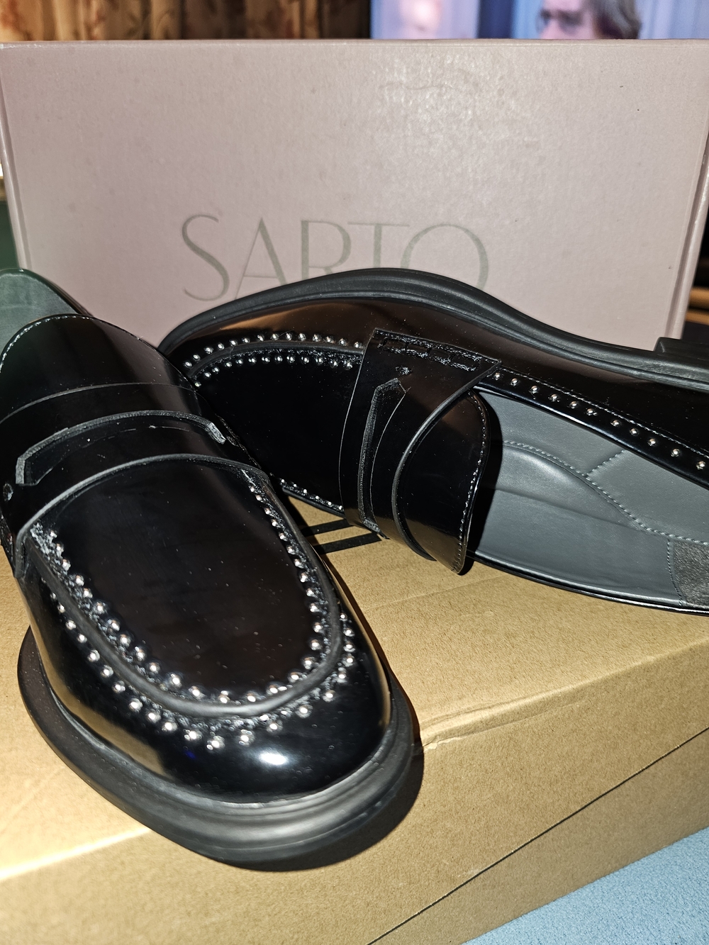The Franco Sarto Women's Eden Black Patent Studded Penny Loafers - Picture 2 of 10